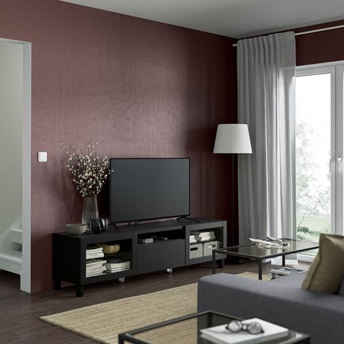 BESTÅ tv sehpası, venge-siyah-kahverengi-şeffaf cam, 180x42x48 cm, LAPPVIKEN/SINDVIK, çıt çıt raylı
