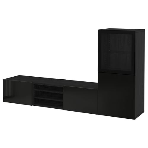 BESTÅ tv ünitesi, venge-siyah-şeffaf cam, 240x42x129 cm, SELSVIKEN/GLASSVIK, çıt çıt raylı