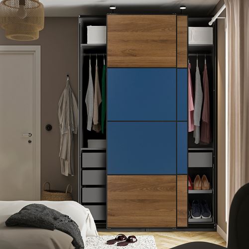 PAX/MEHAMN PAX sürgü kapaklı gardırop, koyu gri-siyah-ceviz-mavi, 150x66x236 cm