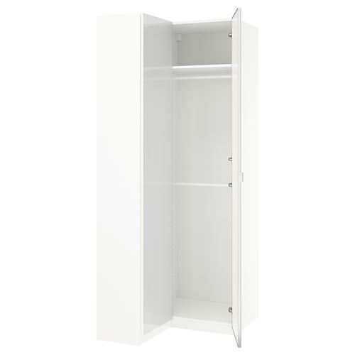 PAX/FARDAL/ÅHEIM PAX köşe gardırop, parlak cila beyaz-ayna, 111/88x236 cm