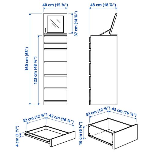 MALM 6 çekmeceli şifonyer, ağartılmış meşe kaplama, 40x123 cm, aynalı