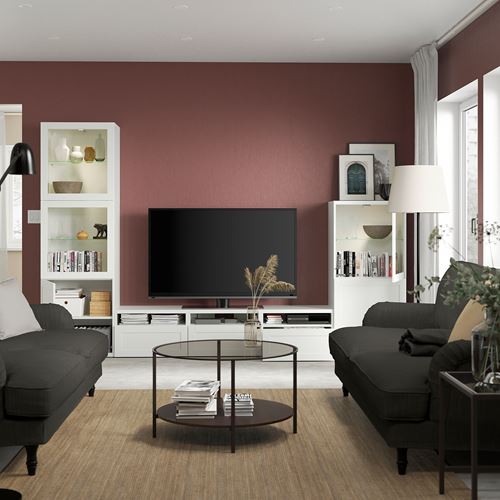 BESTÅ tv ünitesi, beyaz-şeffaf cam, 300x42x193 cm, HANVIKEN/SINDVIK, çıt çıt raylı