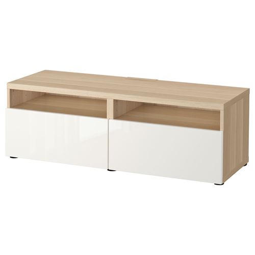 BESTÅ tv sehpası, ağartılmış meşe görünümlü-parlak cila-beyaz, 120x42x39 cm, SELSVIKEN, çıt çıt raylı
