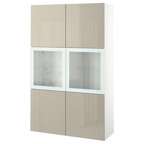 BESTÅ dolap kombinasyonu, beyaz-parlak cila-bej, 120x42x193 cm, SELSVIKEN/GLASSVIK
