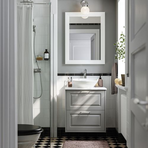 TÄNNFORSEN/TOLKEN/VÄSTERSJÖN lavabo dolabı kombinasyonu, açık gri-beyaz mermer görünüm, 62x49x79 cm, VOXNAN batarya