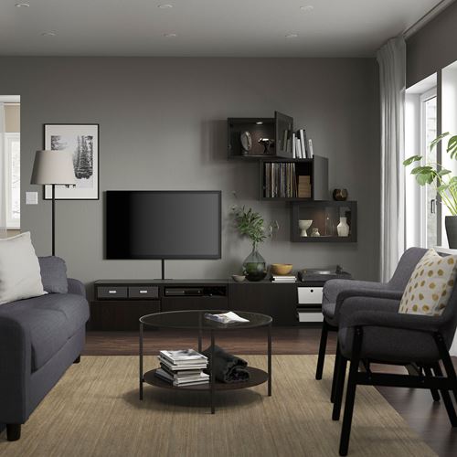 BESTÅ tv ünitesi, venge-siyah-kahverengi-şeffaf cam, 240x42x190 cm, LAPPVIKEN/SINDVIK, fren raylı