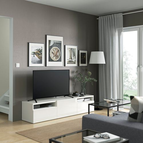 BESTÅ tv sehpası, parlak cila-beyaz, 180x42x39 cm, SELSVIKEN, çıt çıt raylı