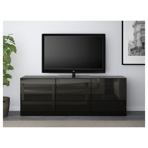 BESTÅ tv sehpası, venge-parlak cila-siyah-füme cam, 180x40x64 cm, SELSVIKEN/GLASSVIK, fren raylı