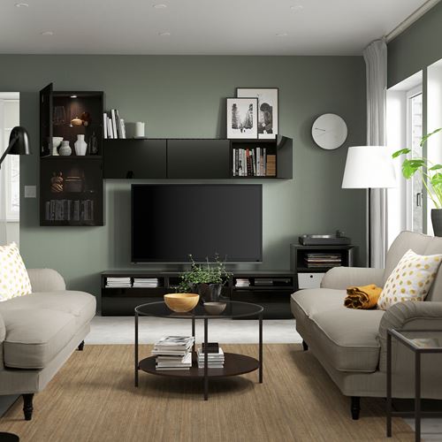 BESTÅ tv ünitesi, venge-parlak cila-siyah-füme cam, 300x42x211 cm, SELSVIKEN/GLASSVIK, fren raylı