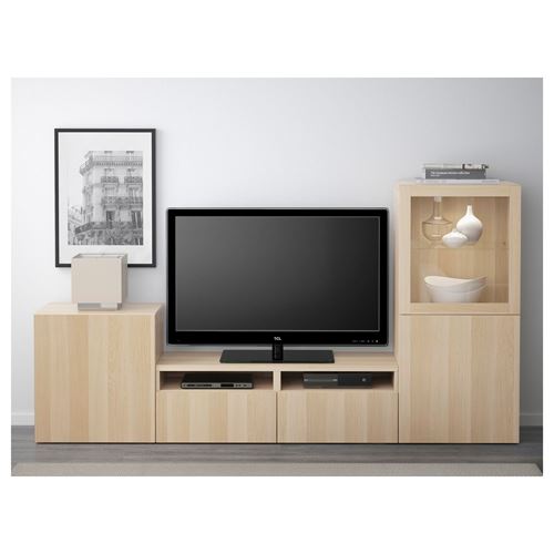 BESTÅ tv ünitesi, beyaz meşe görünümlü-şeffaf cam, 240x40x128 cm, LAPPVIKEN/SINDVIK, fren raylı