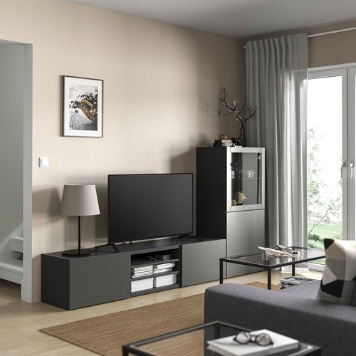 BESTÅ tv ünitesi, koyu gri, 240x42x129 cm, SINDVIK/LAPPVIKEN, çıt çıt raylı