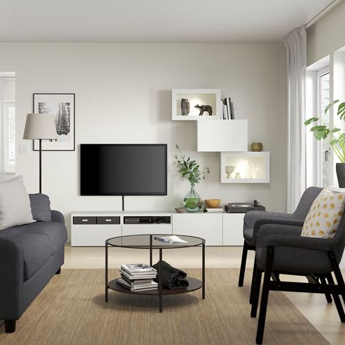BESTÅ tv ünitesi, beyaz-şeffaf cam, 240x42x190 cm, LAPPVIKEN/SINDVIK, fren raylı