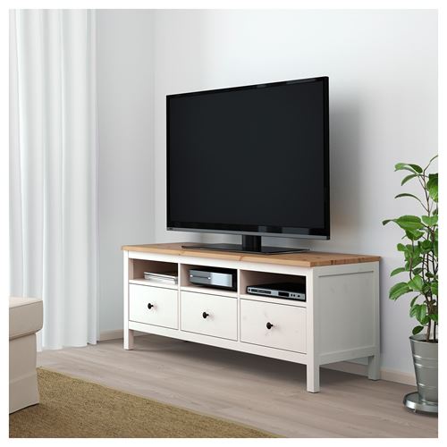 HEMNES tv sehpası, beyaz vernik-açık kahverengi, 148x47x57 cm
