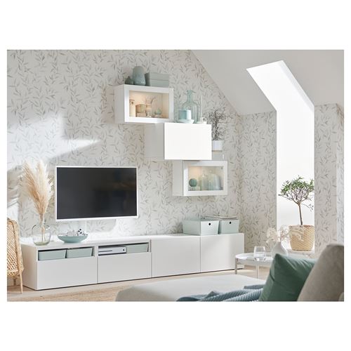 BESTÅ tv ünitesi, beyaz-şeffaf cam, 240x42x190 cm, LAPPVIKEN/SINDVIK, fren raylı