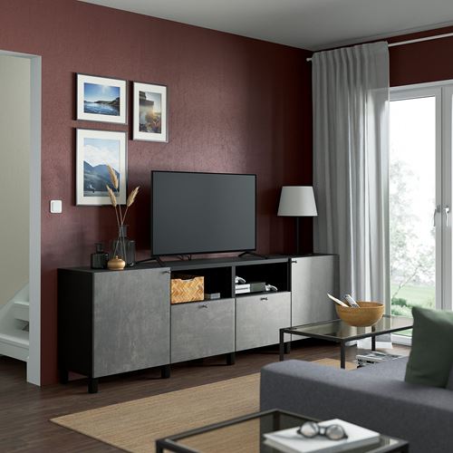 BESTÅ tv sehpası, venge-koyu gri, 240x42x74 cm, KALLVIKEN, fren raylı