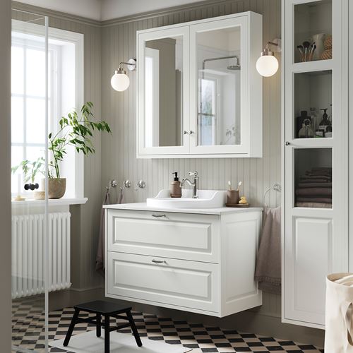 TÄNNFORSEN/TOLKEN/RUTSJÖN lavabo dolabı kombinasyonu, beyaz-beyaz mermer görünüm, 102x49x76 cm, HAMNSKAR batarya