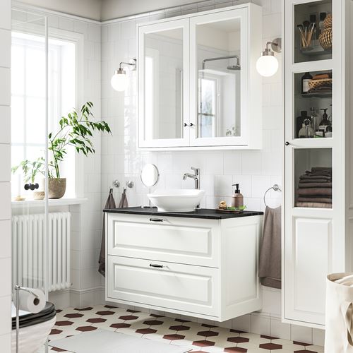 TÄNNFORSEN/TOLKEN/VÄSTERSJÖN lavabo dolabı kombinasyonu, beyaz-siyah mermer görünüm, 102x49x79 cm, VOXNAN batarya