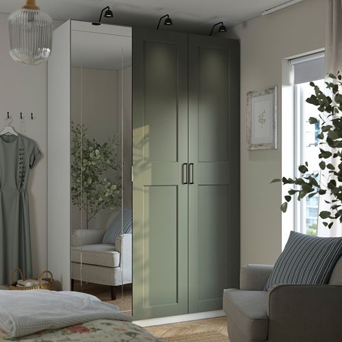 PAX/KAMMARTORP/GRIMO PAX gardırop, beyaz-gri-yeşil-aynalı, 150x60x236 cm