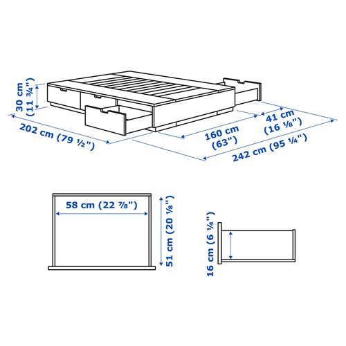 NORDLI çift kişilik baza, beyaz, 160x200 cm, 6 çekmeceli