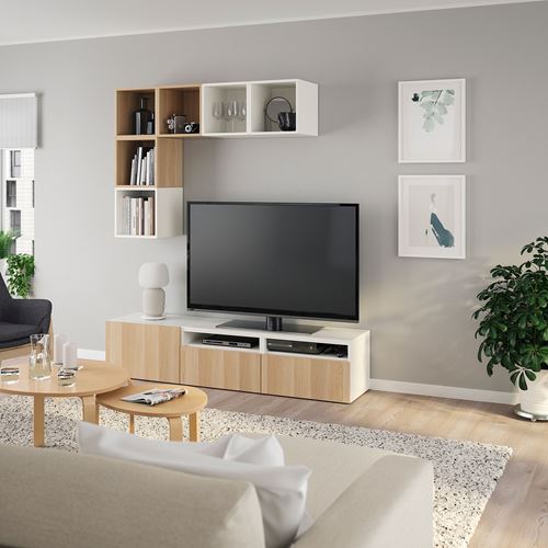 BESTÅ/EKET tv ünitesi, beyaz-ağartılmış meşe görünümlü, 180x42x170 cm, LAPPVIKEN, fren raylı