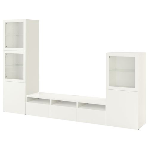 BESTÅ tv ünitesi, beyaz-şeffaf cam, 300x42x193 cm, LAPPVIKEN/SINDVIK, çıt çıt raylı