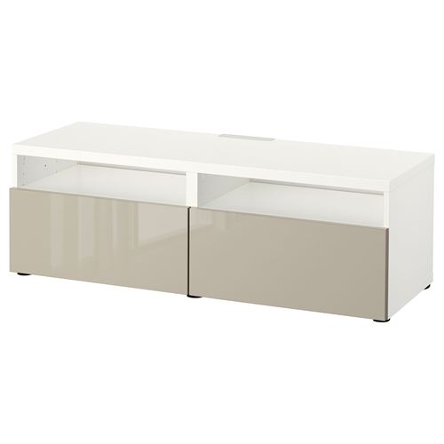 BESTÅ tv sehpası, beyaz-parlak cila-bej, 120x42x39 cm, SELSVIKEN, fren raylı