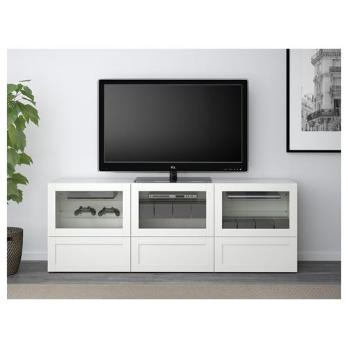BESTÅ tv sehpası, beyaz-şeffaf cam, 180x40x64 cm, HANVIKEN/SINDVIK, fren raylı