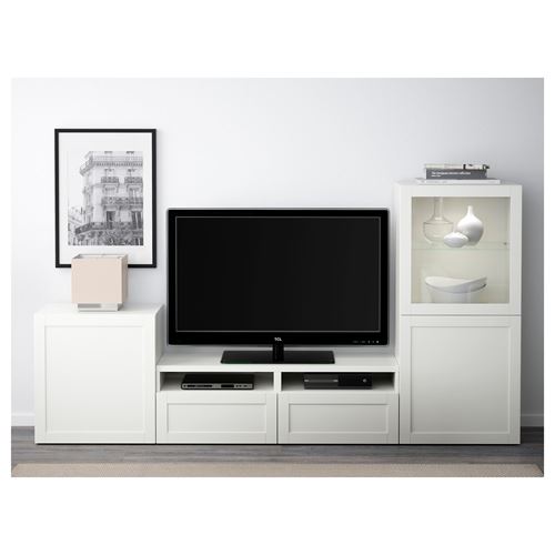 BESTÅ tv ünitesi, beyaz-şeffaf cam, 240x40x128 cm, HANVIKEN/SINDVIK, fren raylı