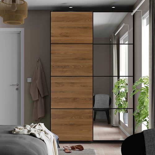 PAX/MEHAMN/AULI PAX sürgü kapaklı gardırop, koyu gri-siyah-ceviz-aynalı cam, 150x66x236 cm