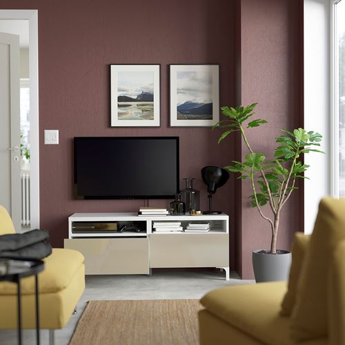 BESTÅ tv sehpası, beyaz-parlak cila-bej, 120x42x48 cm, SELSVIKEN, çıt çıt raylı