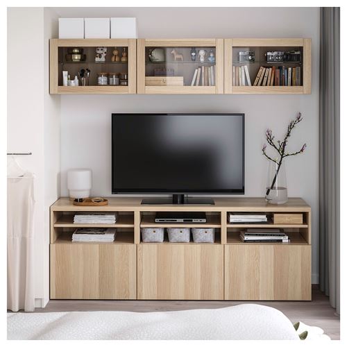 BESTÅ tv ünitesi, ağartılmış meşe görünümlü-beyaz meşe görünümlü-şeffaf cam, 180x42x192 cm, LAPPVIKEN/SINDVIK, fren raylı