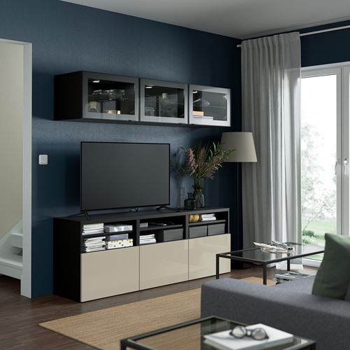 BESTÅ tv ünitesi, venge-parlak cila-bej-şeffaf cam, 180x42x192 cm, SELSVIKEN/GLASSVIK, çıt çıt raylı