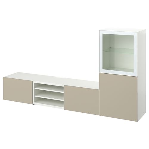 BESTÅ tv ünitesi, beyaz-parlak cila-bej, 240x42x129 cm, SELSVIKEN/GLASSVIK, çıt çıt raylı