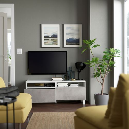 BESTÅ tv sehpası, beyaz-açık gri, 120x42x48 cm, KALLVIKEN, fren raylı