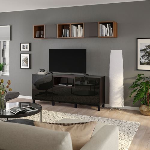 BESTÅ/EKET tv ünitesi, venge koyu gri-ceviz görünüm, 210x42x220 cm, SELSVIKEN, STUBBARP, çıt çıt raylı
