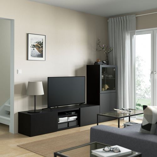 BESTÅ tv ünitesi, venge-siyah-kahverengi-şeffaf cam, 240x42x129 cm, LAPPVIKEN/SINDVIK, fren raylı