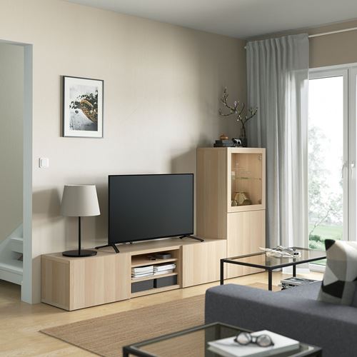 BESTÅ tv ünitesi, ağartılmış meşe görünümlü-beyaz meşe görünümlü-şeffaf cam, 240x42x129 cm, LAPPVIKEN/SINDVIK, çıt çıt raylı