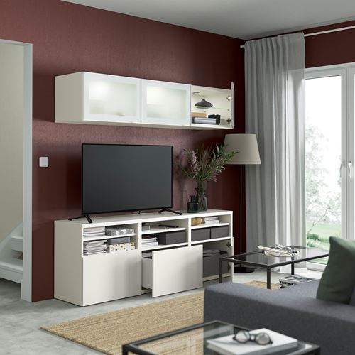 BESTÅ tv ünitesi, beyaz-parlak cila beyaz, 180x42x192 cm, SELSVIKEN/GLASSVIK, fren raylı
