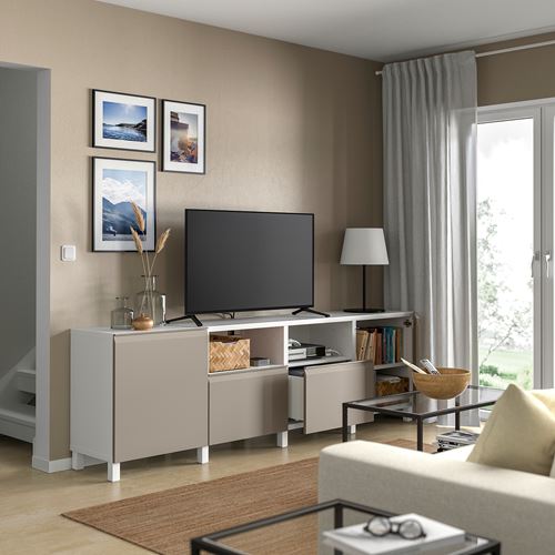 BESTÅ tv sehpası, beyaz-bej, 240x42x74 cm, HAMMARSMED, STUBBARP, fren raylı