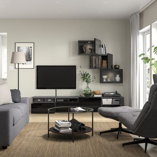 BESTÅ tv ünitesi, siyah, 240x42x190 cm, SELSVIKEN/FÄLLSVIK, çıt çıt raylı