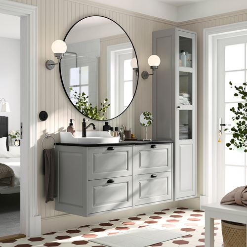 TÄNNFORSEN/TOLKEN/RUTSJÖN lavabo dolabı kombinasyonu, açık gri-siyah mermer görünüm, 122x49x76 cm, HAMNSKAR batarya