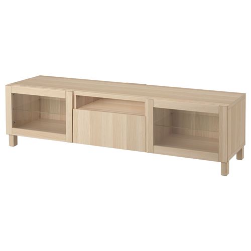 BESTÅ tv sehpası, ağartılmış meşe görünümlü-beyaz meşe görünümlü-şeffaf cam, 180x42x48 cm, LAPPVIKEN/SINDVIK, çıt çıt raylı