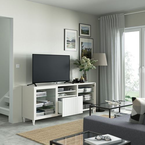 BESTÅ tv sehpası, beyaz-şeffaf cam, 180x42x74 cm, SUTTERVIKEN/SINDVIK, fren raylı