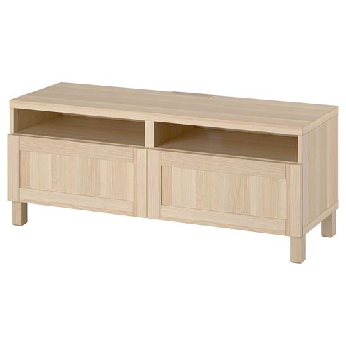 BESTÅ tv sehpası, ağartılmış meşe görünümlü, 120x42x48 cm, HANVIKEN, çıt çıt raylı