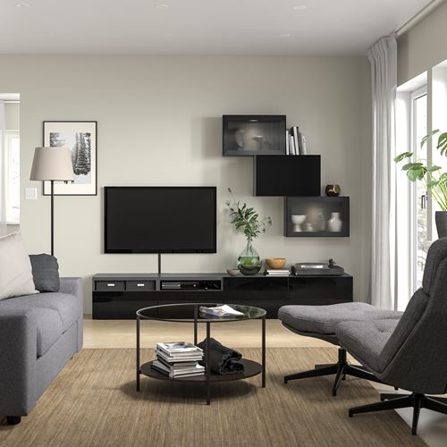 BESTÅ tv ünitesi, siyah, 240x42x190 cm, SELSVIKEN/FÄLLSVIK, çıt çıt raylı