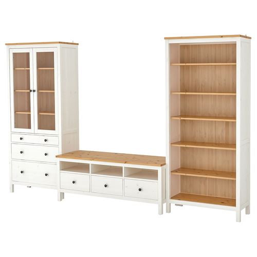 HEMNES tv ünitesi, beyaz vernik-açık kahverengi, 326x197 cm