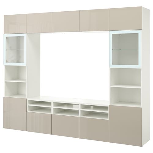 BESTÅ tv ünitesi, beyaz-parlak cila-bej, 300x42x231 cm, SELSVIKEN/GLASSVIK, çıt çıt raylı