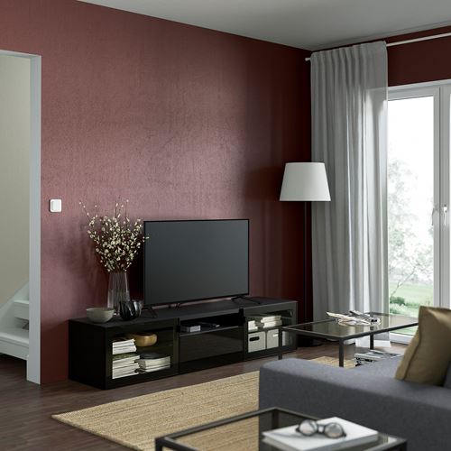 BESTÅ tv sehpası, venge-siyah-şeffaf cam, 180x42x39 cm, SELSVIKEN/GLASSVIK