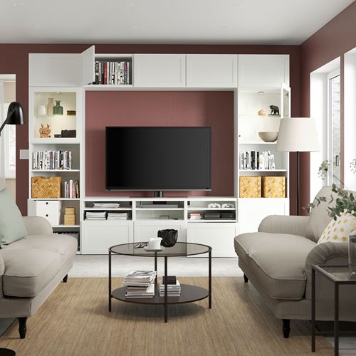 BESTÅ tv ünitesi, beyaz-şeffaf cam, 300x42x231 cm, HANVIKEN/SINDVIK, fren raylı