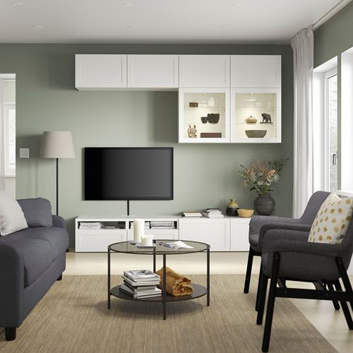 BESTÅ tv ünitesi, beyaz-şeffaf cam, 240x42x231 cm, HANVIKEN/SINDVIK, fren raylı
